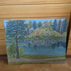 絵画　インテリア　一点物　岩絵具　日本画　風景　自然　森林　木　池