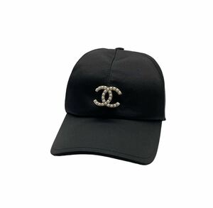 【新同】CHANEL シャネル ベースボールキャップ 帽子 キャップ ハット ココマーク パール サテン シルク ブラック