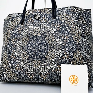 1円■極美品■Tory Burch トリーバーチ トートバッグ ビジネス 大容量 A4 レディース メンズ レザー 総柄 花 ロゴ ネイビー マルチカラー