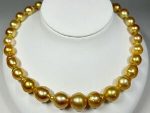 絶品カラー！天然 南洋白蝶真珠ネックレス【10.2mm～14.6mm 】照り艶抜群 南洋真珠 ゴールドパール 44㎝ 78g Pearl jewelry 