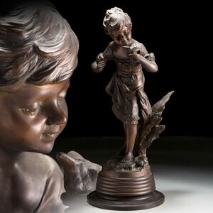 Y334. 西洋彫刻美術 ブロンズ 少女と鳥 高さ49cm 重量7.7kg / 金工美術銅像置物飾り物オブジェ