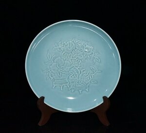 ◆古寳堂◆清 乾隆年製款 天藍釉 福寿紋 賞盤 古陶瓷品 極細工 古置物 古擺件 中国古美術 時代物 古董品
