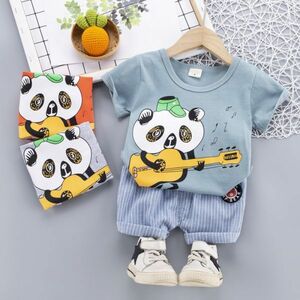 ♪ｍineka♪男の子半袖シャツ+パンツ2点セット　綿製　普段着　Tシャツ　ショートパンツ　グリーン　パンダ　カジュアル　100CM　211539/4T