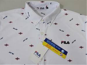 FILA GOLF フィラ ゴルフ 吸汗速乾 UV CUT ストレッチ 家紋飛び柄 ボタンダウン半袖ポロシャツ　LL　白