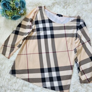 美品 バーバリー ロンドン【メガチェック 高ストレッチ サイズ M】BURBERRY LONDON Tシャツ カットソー 七分袖 ノバチェックベージュ