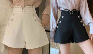 全2色 ショートパンツ ショーパン ハイウエスト 切り替え スリム 着痩せ 無地 sweet系 M ホワイト