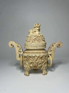 中国美術 白材 精密細工 東洋彫刻 香炉 古玩 古美術 時代物 香道具 置物 オブジェ アンティーク 破損箇所有り 獅子 インテリア 樹脂