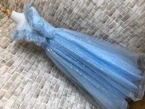 e30052■ロングドレス　衣装　ライトブルー　ラメ　星　フリル　チュール　