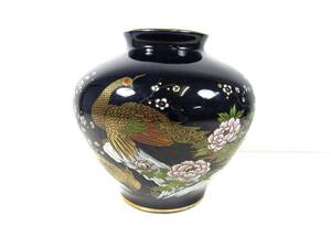 明陶 孔雀 クジャク 牡丹 花瓶 花器 壺 ネイビー ゴールド 藍色 金 21×23㎝ 花柄 骨董 インテリア 工芸品 フラワーアレンジメント 中古品