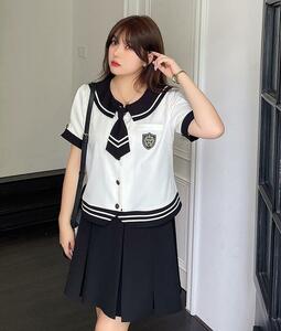 大人気 2L～6L 大きいサイズ 学生風 セーラー服 バイカラー トップス+スカート ２set 5L ブラック(ロング丈)