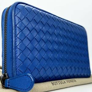 【極美品 希少色】BOTTEGA VENETA ボッテガヴェネタ 長財布 ラウンドファスナー イントレチャート レザー 本革 ブルー 青 ジップ メンズ