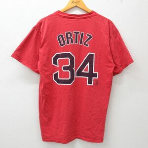 L/古着 マジェスティック 半袖 ビンテージ Tシャツ メンズ 90s MLB ボストンレッドソックス デビッドオルティーズ 34 コットン クルー