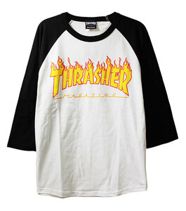 Thrasher (スラッシャー) ラグランTシャツ 七分袖 Flame logo Raglan 3/4 T-Shirt Black×White ホワイト (L) スケボー SK8 スケートボード