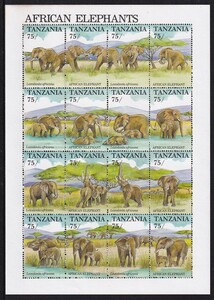 69 タンザニア【未使用】＜「1991 アフリカ象」 組合せ・小型シート(16種連刷) ＞ 