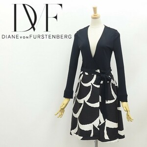 ◆DIANE von FURSTENBERG ダイアンフォン ファステンバーグ 総柄 切替 ラップ ワンピース 黒 ブラック×ホワイト 0