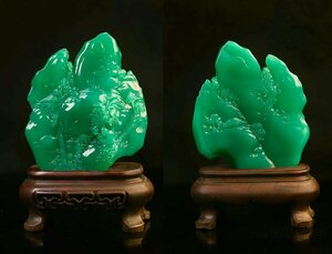 ■観心・時代旧蔵■C5145寿山石 翡翠緑 寿山石細密彫 擺件 置物 賞物