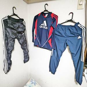 USED adidas キッズ用 ジャージ 3着 パンツ×2 長袖シャツ サイズ150 青 赤 黒 迷彩柄