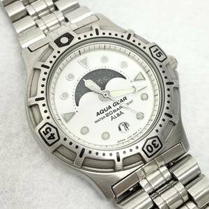 SEIKO セイコー V338-6B20 ALBA アルバ ムーンフェイズ AQUA GEAR メンズ 腕時計 QZ クォーツ デイト ヴィンテージ 腕時計 ホワイト文字盤
