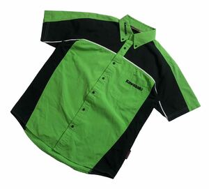 希少 ■ Kawasaki カワサキ ■ ローソンレプリカ カラー ロゴ 刺繍 半袖 レーシング シャツ グリーン×ブラック L
