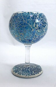 キャンドルホルダー ワイングラス型 モザイクガラス (ブルー,小)