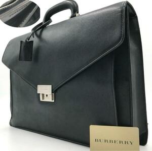 美品●バーバリー BURBERRY メンズ ビジネスバッグ A4収納可 ブリーフケース 内側総柄 ロック式 レザー ブラック 黒色 書類鞄 レディース