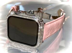 Apple Watch キラキラ　ケース　カバー　レザー　バンド　ベルト　カスタム　保護38 40 41 44 45 レディース　シルバーベビーピンク