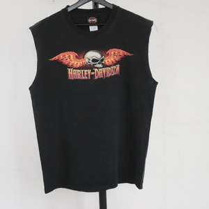 Z382 2008年製ビンテージ HarleyDavidson ハーレーダビッドソン ノースリーブTシャツ■00s 表記Lサイズ 黒 スカル カットオフ フレイム 90s