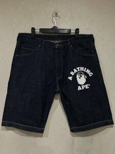 ※アベイシングエイプ A BATHING APE PIRATE パイレーツゴリラ ハーフ ショート デニムパンツ 濃紺 L 　　　　 BJBC.H