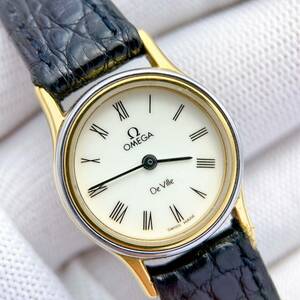 【稼働品】オメガ OMEGA デビル DEVILLE 腕時計 クオーツ QZ 純正尾錠 白字 プッシュリューズ 1387 ラウンド ローマ数字 コンビベゼル 動作