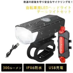 自転車 LEDフロントライト・テールライトセット 黒 USB充電式 防水