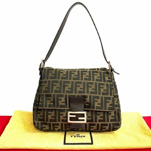 ほぼ未使用 袋付 FENDI フェンディ マンマバケット ズッカ FF ロゴ 総柄 キャンバス レザー セミ ショルダーバッグ ブラウン 29989