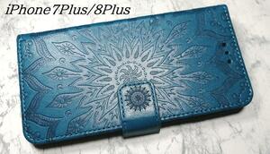 iPhone7Plus/8Plus 用 ケース 手帳型 エスニック ブルー 青色