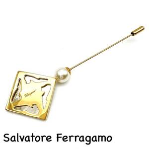 Salvatore Ferragamo｜サルヴァトーレ フェラガモ ピンブローチ【アクティ】プレート ロゴ ゴールドカラー ヴィンテージ ブランド a472et