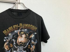 【送料無料！】80sヴィンテージ！アメリカ製MADE IN USAハーレーダビッドソン豚pigピグプリントTシャツ 3DエンブレムsizeM程度