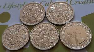 幸せのシックスペンス イギリス 1954年~1958年 5枚セット ラッキー6ペンス 英国コイン 美品 本物 19.5mm 2.8gram
