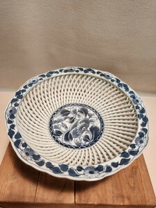 京焼透かし西甫琴峰作　染付切透菓子鉢　琴峰作 和食器 染付 陶器 菓子鉢