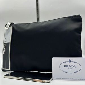 2207 近年モデル 使用感少● PRADA プラダ クラッチバッグ セカンドバッグ ポーチ ラバーロゴ シルバー金具 テスートナイロン ブラック 黒