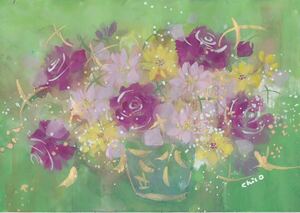 【flower fairy 】真作１点物　原画　絵画　直筆サイン　A4サイズ　花　薔薇　ローザ　癒し　水彩画 送料無料