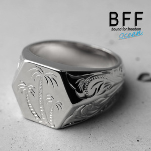 BFF ブランド パームツリー 印台リング ラージ ごつめ シルバー 18K 銀色 手彫り 彫金 専用BOX付属 (23号)