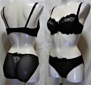 ★【新品未使用】ブラジャー＆ショーツ (サイズ:ブラジャー～80B(36B)／ショーツ～Ｌ) 柔かいシースルーストレッチレース～ナイロン88％ 他