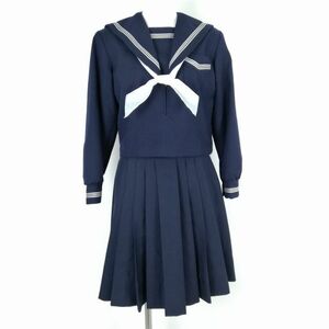 1円 セーラー服 スカート スカーフ 上下3点セット 冬物 白3本線 女子 学生服 中学 高校 紺 制服 中古 ランクB NA2128