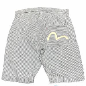 【日本製】EVISU JEANS エヴィスジーンズ ヒッコリー ショートパンツ メンズW38 白 ストライプ カモメペイント ハーフパンツ 短パン 正規