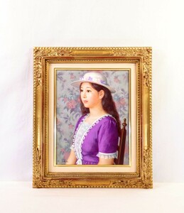 真作 徳田宏行 油彩「花飾りの帽子」画寸 32cm×41cm F6 千葉県出身 白日会会員 一枚の繪取扱い 清楚で品の良いお嬢さま 8892