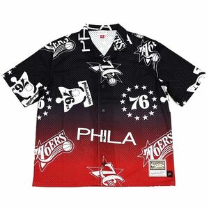 D0504SJ21 未使用品 24SS Mitchell&Ness/フィラデルフィア 76ers メッシュ S/S シャツ【サイズ：L】ブラック/レッド NBA 