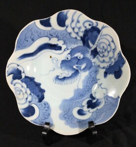 古伊万里 染付 雲龍図 22cm 輪花 中皿 江戸後期 b-14a3006