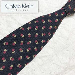 Calvin Klein カルバンクライン　ネクタイ　サークルドット　総柄　シルク100% イタリア製　ブラック×レッド×ベージュ　ビジネス