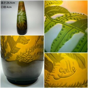 AS756 Emile Galle エミール・ガレ　花葉文　ガラス花瓶　エナメル彩　多層被せガラス　華道具　H26.4cm