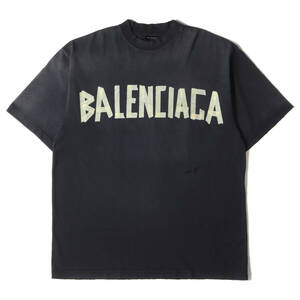 BALENCIAGA バレンシアガ Tシャツ サイズ:S 23SS テープロゴ ミディアム フィット Tシャツ デストロイ ダメージ加工 フェード ブラック
