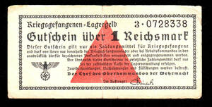 【ナチス鉤十字】第二次大戦ドイツ捕虜収容所紙幣 1ライヒスマルク（1939-44）[1776]