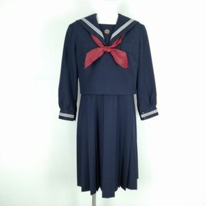 1円 セーラー服 ジャンパースカート スカーフ 上下3点セット 大きいサイズ 冬物 白3本線 女子 学生服 熊本玉名中学 紺 中古 ランクB NA0488